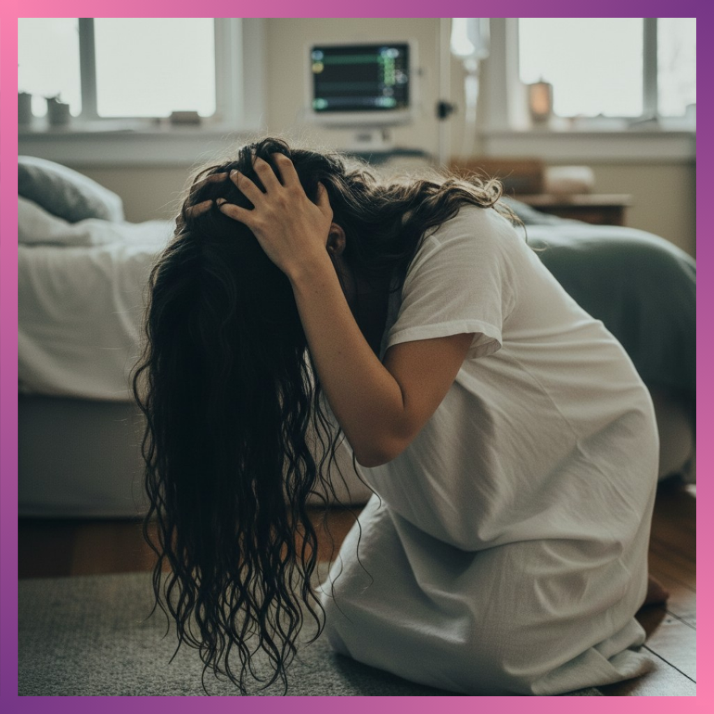 Image shows a woman in pains holding her head torn between normal delivery or C Section which is better and which should she go for