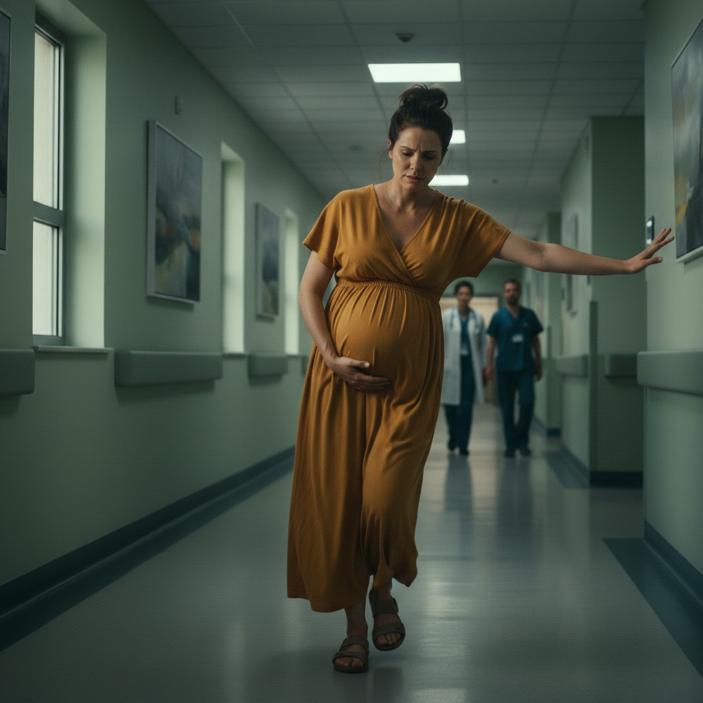 Pregnant woman walking down the hallway to know how does walking help labor start