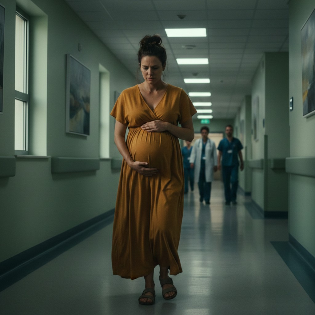 Pregnant woman holding her baby bump and walking down the hallway to know how does walking help labor start